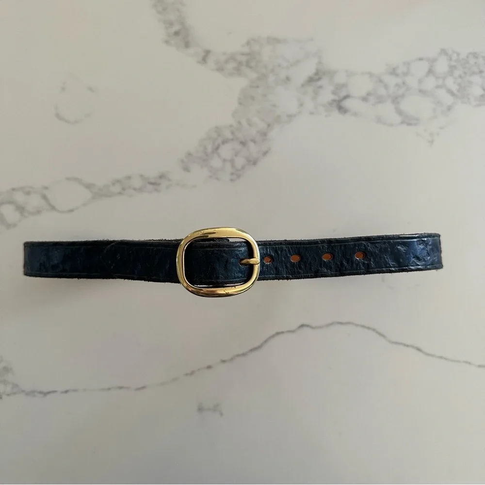 Vintage Textured Leather Medium Leather Belt Gold Tone Oval Buckle Navy Blue S